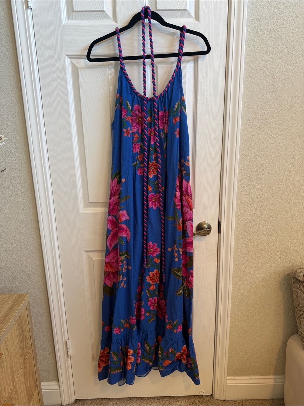 FARM Rio Blue Maxi Dress with Pink Floral Print